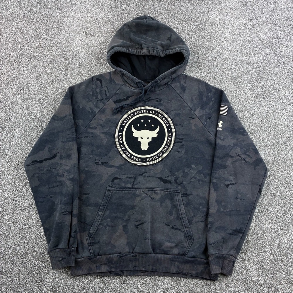 Under Armour Project Rock Hoodie Men Medium Black Camo‎ Brahma Bull Fleece USA